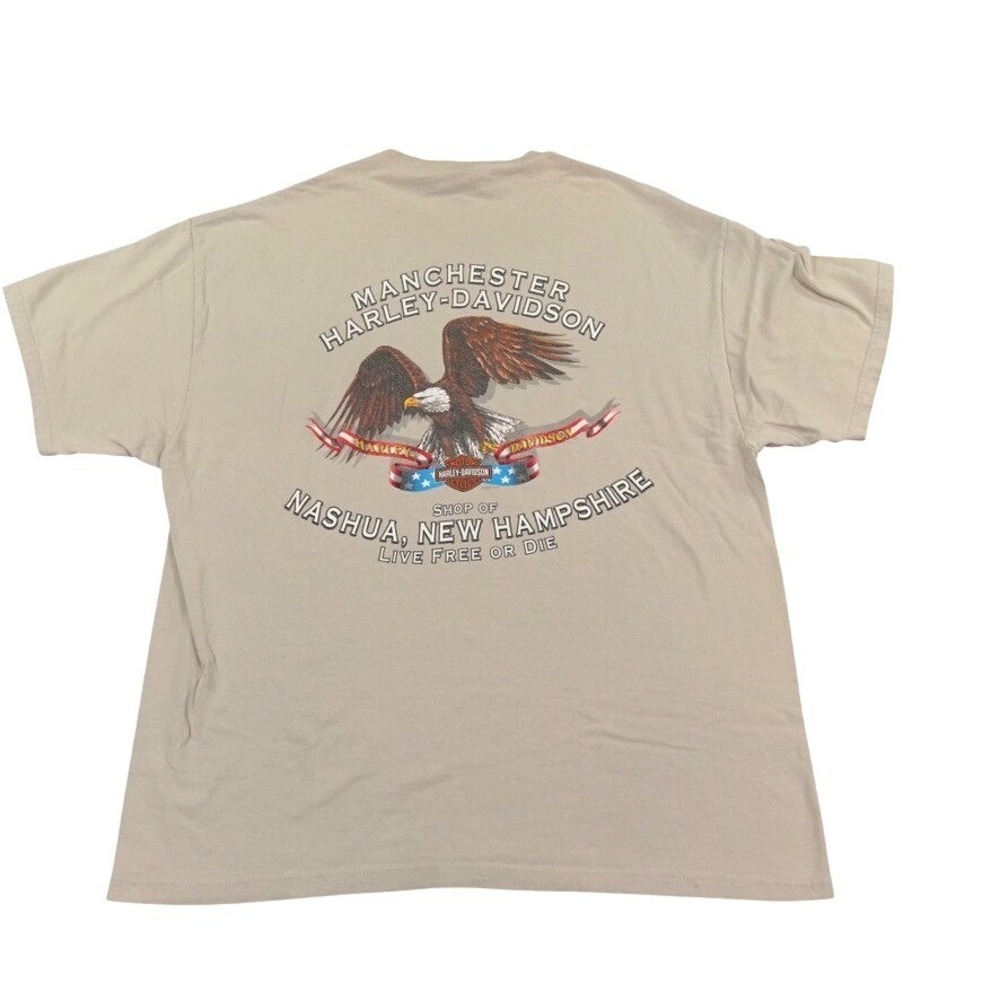 VTG Harley Davidson Shirt Mens XL Tan Manchester NH Eagle Graphic 2002 Live Free